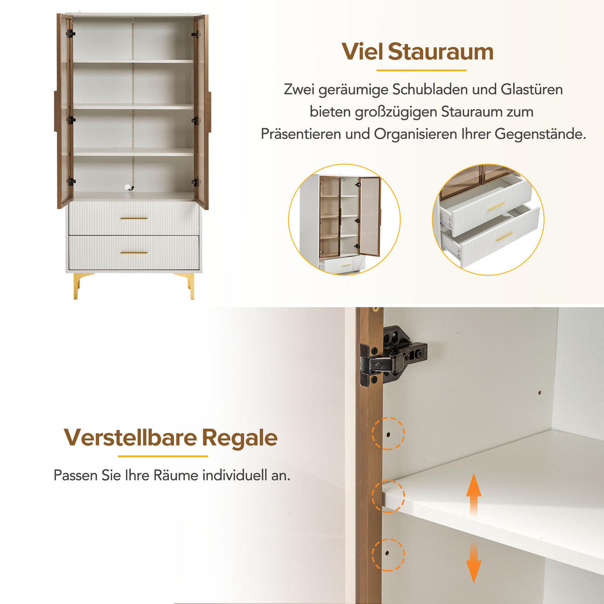 VITRINE, 2 Türen, LED-Licht, Goldbeine, Glas, 70x35x150cm - Weiß, Holzwerkstoff (35/150/70cm) - FLIEKS