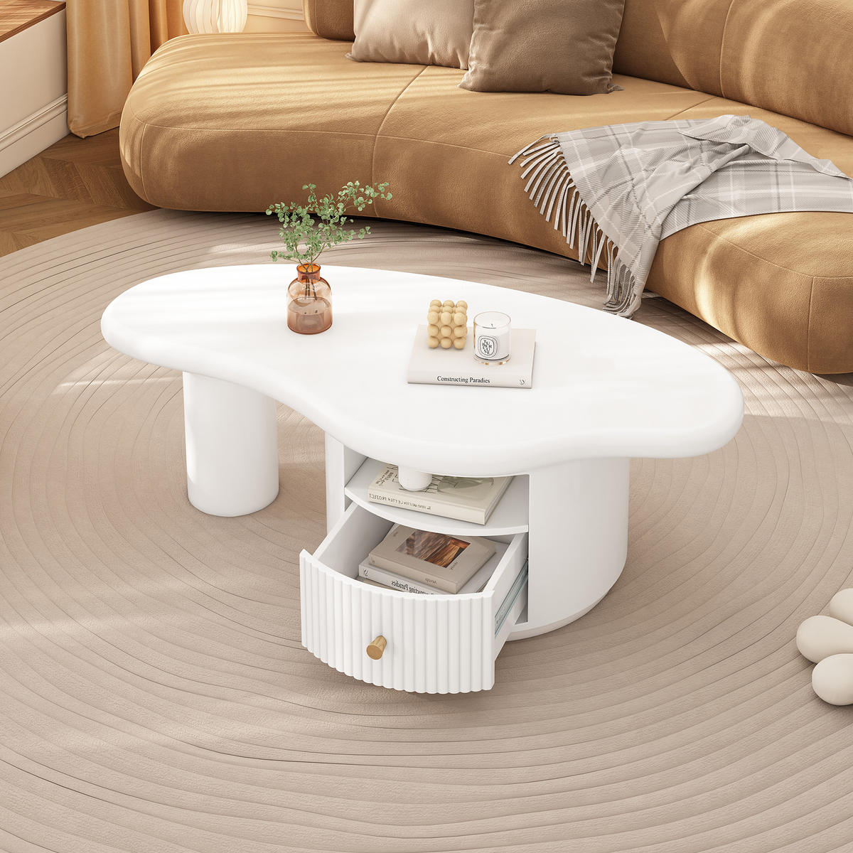 COUCHTISCH 110/60/37,5 cm wolkenförmig mit 1 Schublade - Weiß, Holzwerkstoff (110/60/37.5cm) - OKWISH