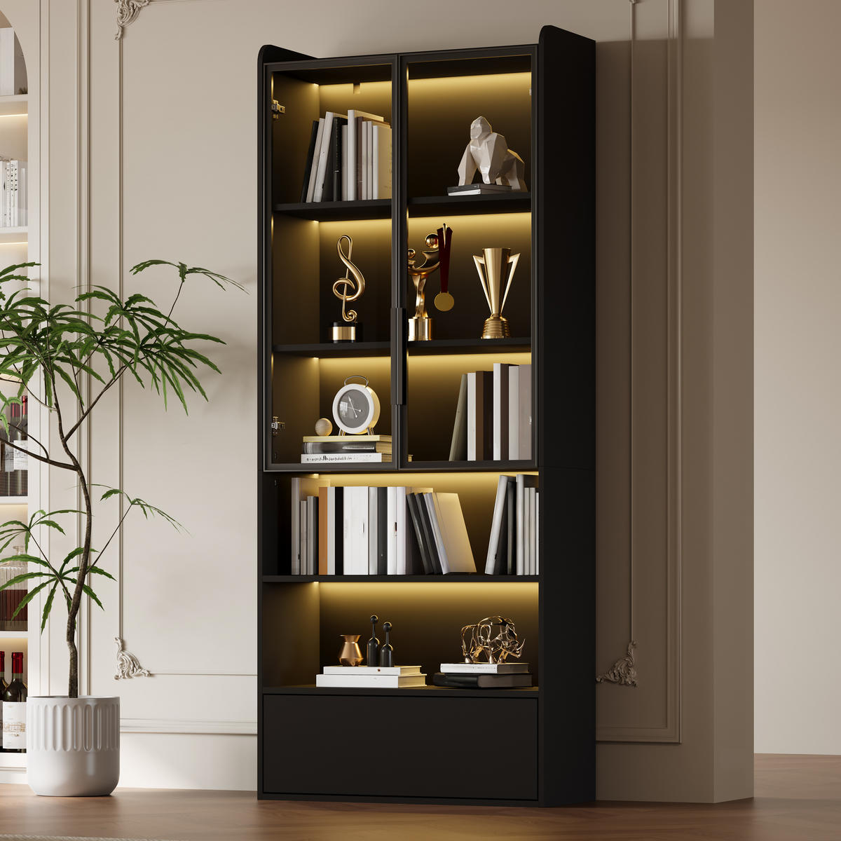 VITRINE schwarz mit Glastüren, einer Schublade und App-gesteuerter LED-Beleuchtung 80 × 34 × 180 cm aus MDF und Glas - Schwarz, Holzwerkstoff (80/180/34cm) - Luhomfu