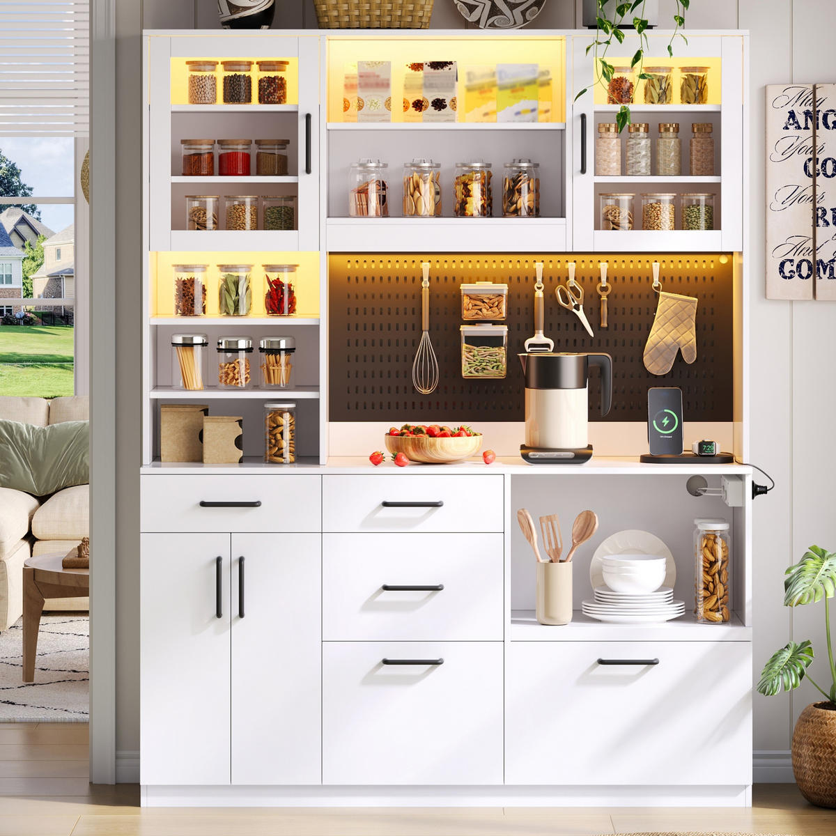 BUFFET 185 cm MDF Weiß mit RGB-LED, Lochplatte und Glasfront - Weiß, Holzwerkstoff (40/185/145cm) - Korfee