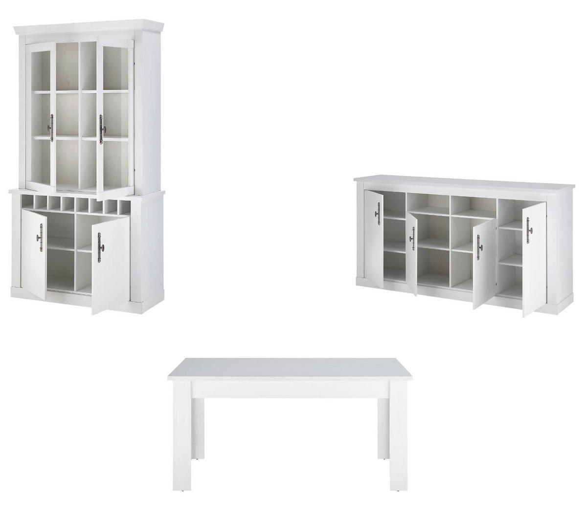 ESSZIMMER-SET weiß Pinie Landhaus, Speisezimmer 3-teilig, Soft-Close und Beleuchtung - Silberfarben/Weiß, Glas/Holzwerkstoff (201/207/90cm) - Furn.Design