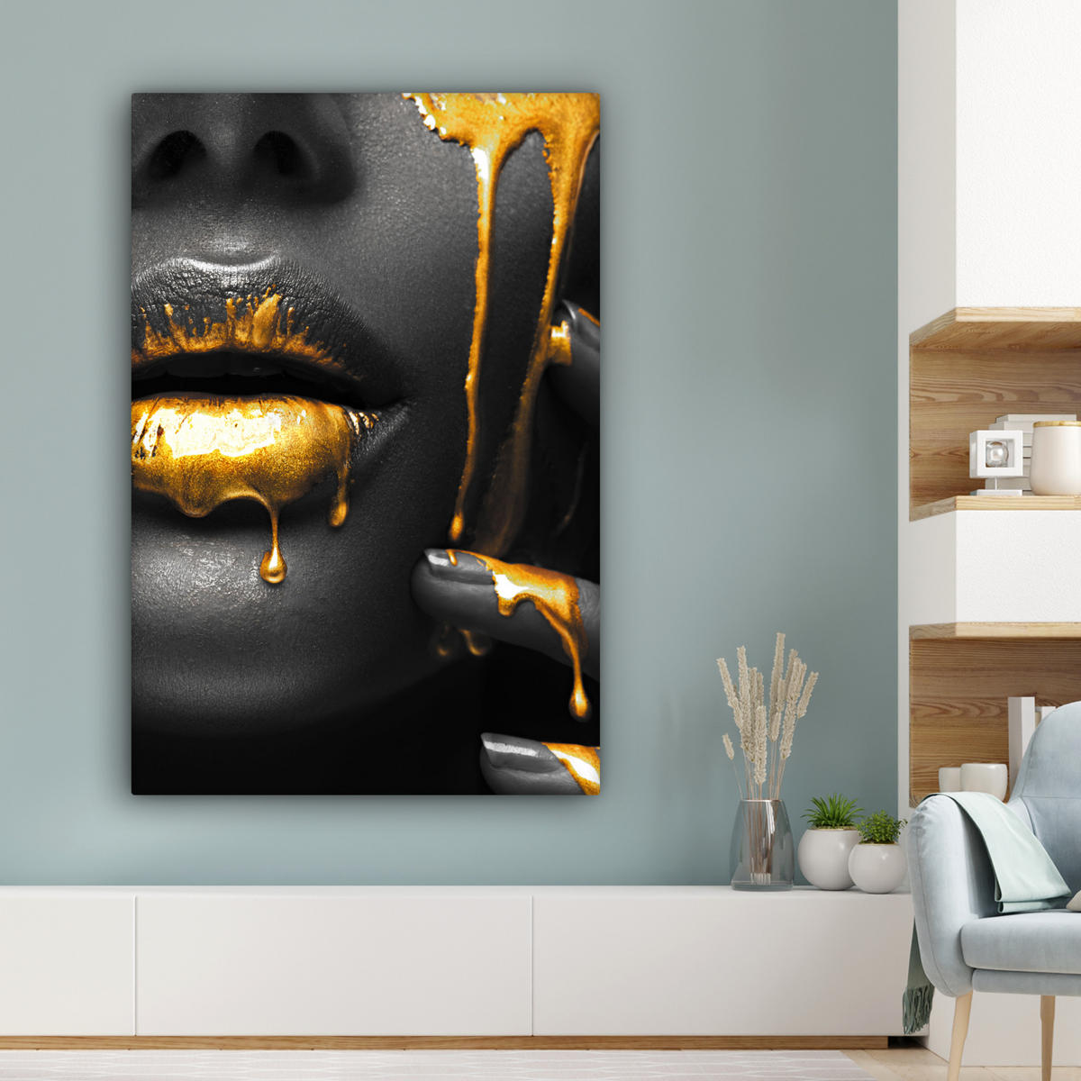 LEINWANDBILD Frau - Schwarz - Gold - Gesicht - Lippen 90x140 cm - Goldfarben, Textil (90/140cm) - MuchoWow
