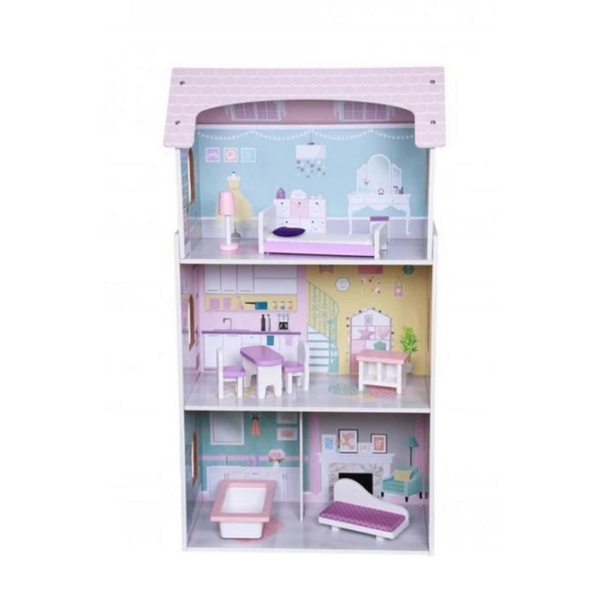 PUPPENHAUS Anna 4121 rosa Holz, 8-teiliges Möbelset, 3 Etagen, 4 Zimmer, Badewanne, Bett - Rosa, Holz (27/95/52cm) - Moni
