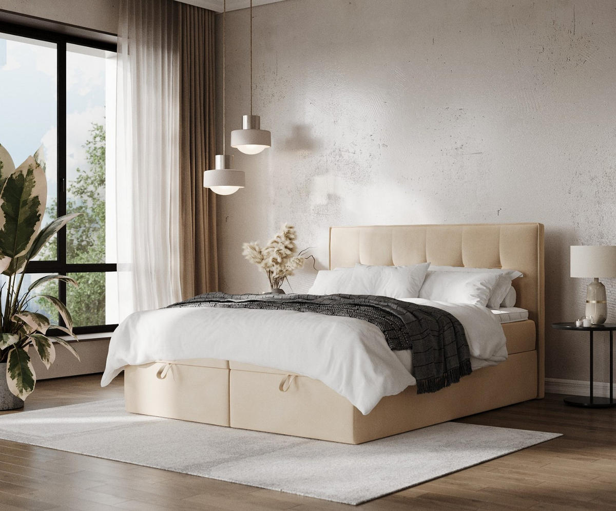 BOXBETT Tivra 180/200 cm Beige im Kronos Stoff - Beige/Schwarz, Holz/Holzwerkstoff (180/200cm) - AltaBeds