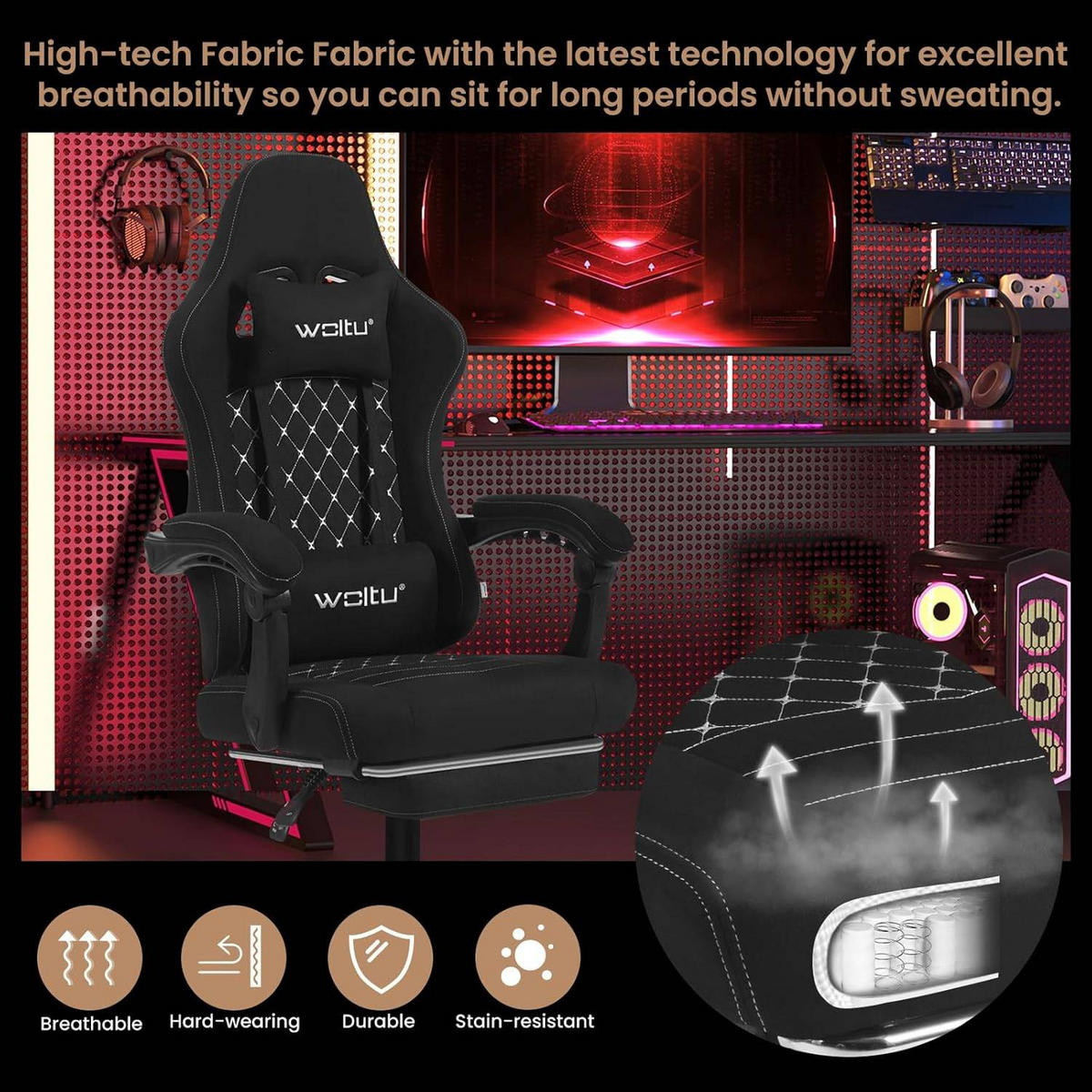 GAMINGSTUHL mit Massagefunktion, Computerstuhl Ergonomisch - Schwarz, Kunststoff/Textil (70/127/70cm) - Woltu