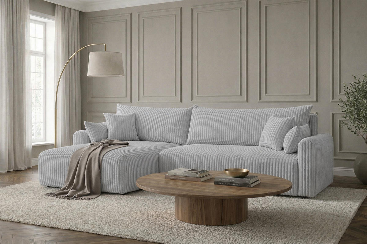 ECKSOFA Mit Schlaffunktion, Cordstoff Tilia, Grau, Links, JAPANDI - Grau, Holz (262/145cm) - Kaiser Möbel