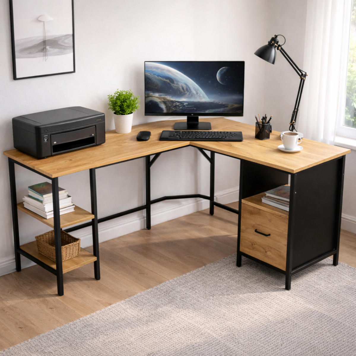 ECKSCHREIBTISCH Holzoptik Eichefarben Metall Schwarz L-Form Büro 149x149x75 cm - Eichefarben/Schwarz, Holzwerkstoff/Metall (149/149/75cm) - Begryf