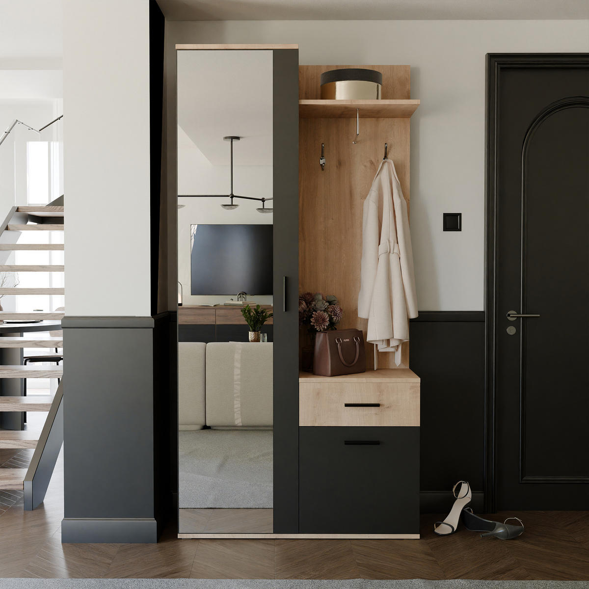 GARDEROBENSCHRANK mit Spiegel-mit Ablagen und Kleiderstange - Schwarz/Braun, Holzwerkstoff (97/195/30cm) - Idohome