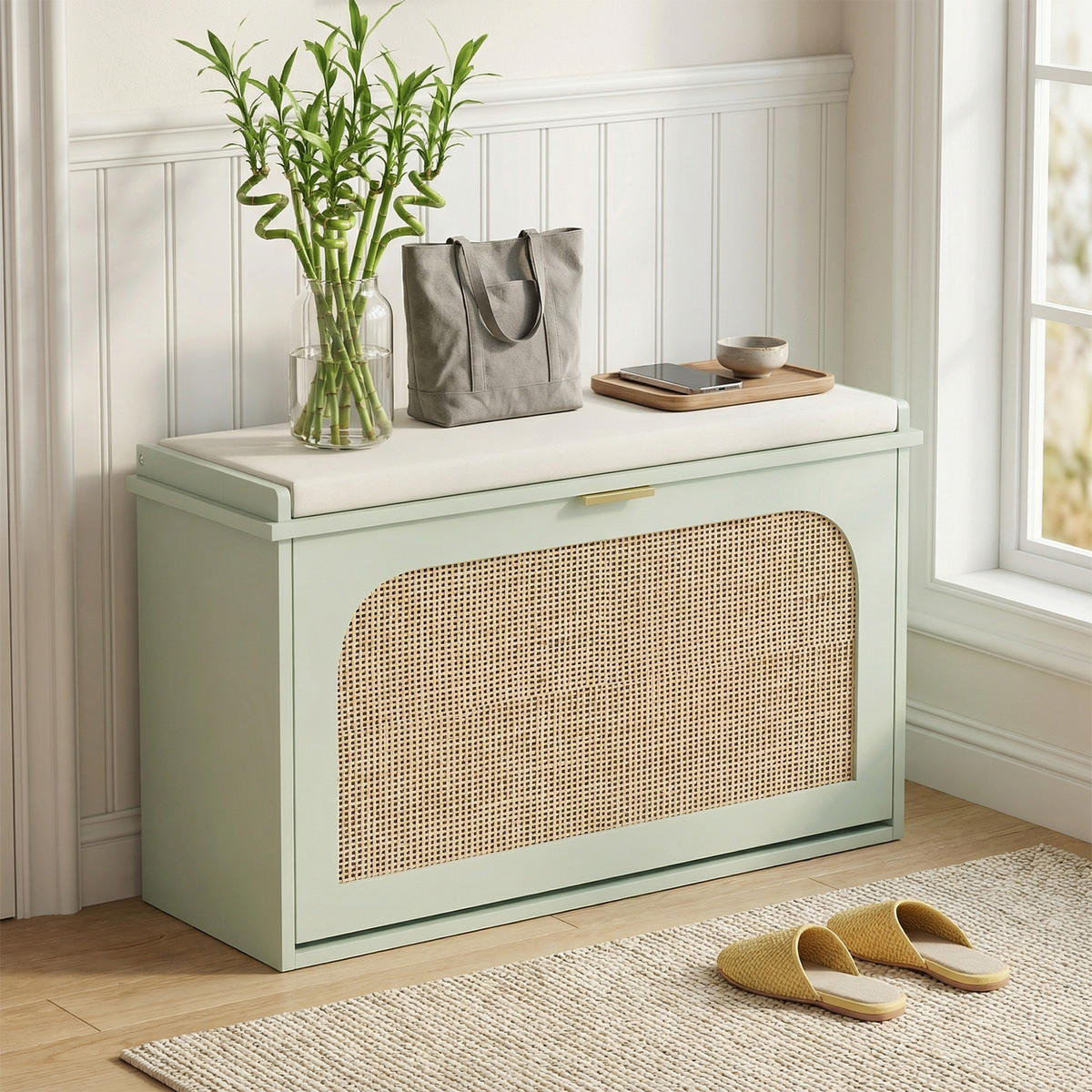 SCHUHBANK DE-16818 Rattan-Tür, klappbare Schublade Grün - Grün, Holzwerkstoff (80/47.5/26cm) - ComfortXL