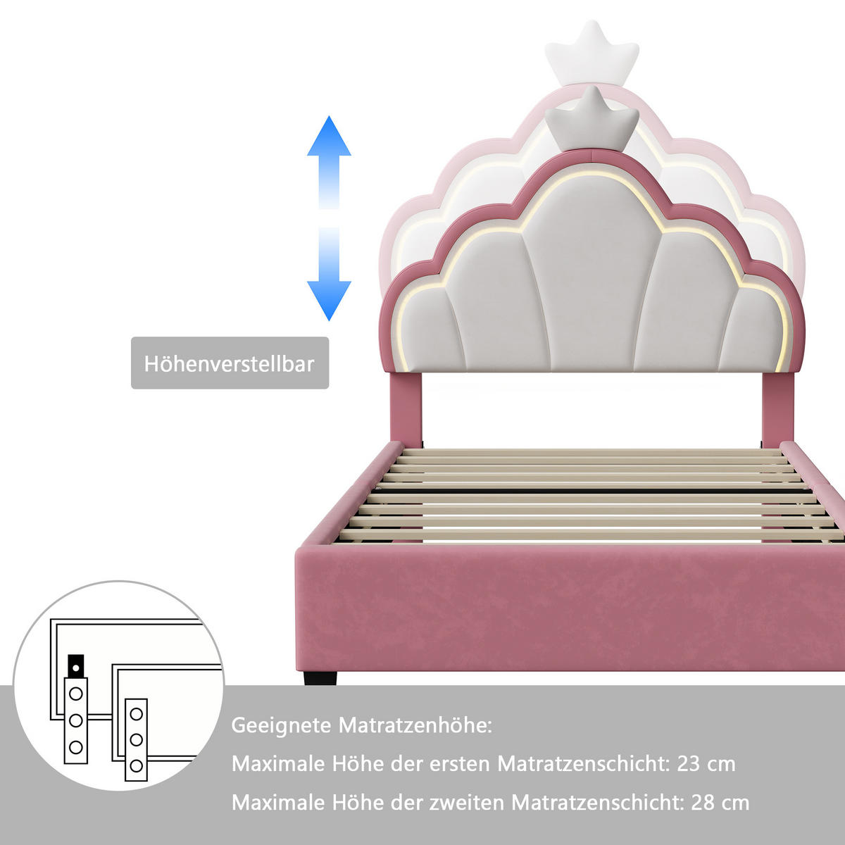 POLSTERBETT 90x190 cm mit höhenverstellbarem Kopfteil & RGB-LED – Kinderbett Bettgestell für Mädchen, Samt, Rosa - Pink, Holz/Metall (90/190cm) - BursDany