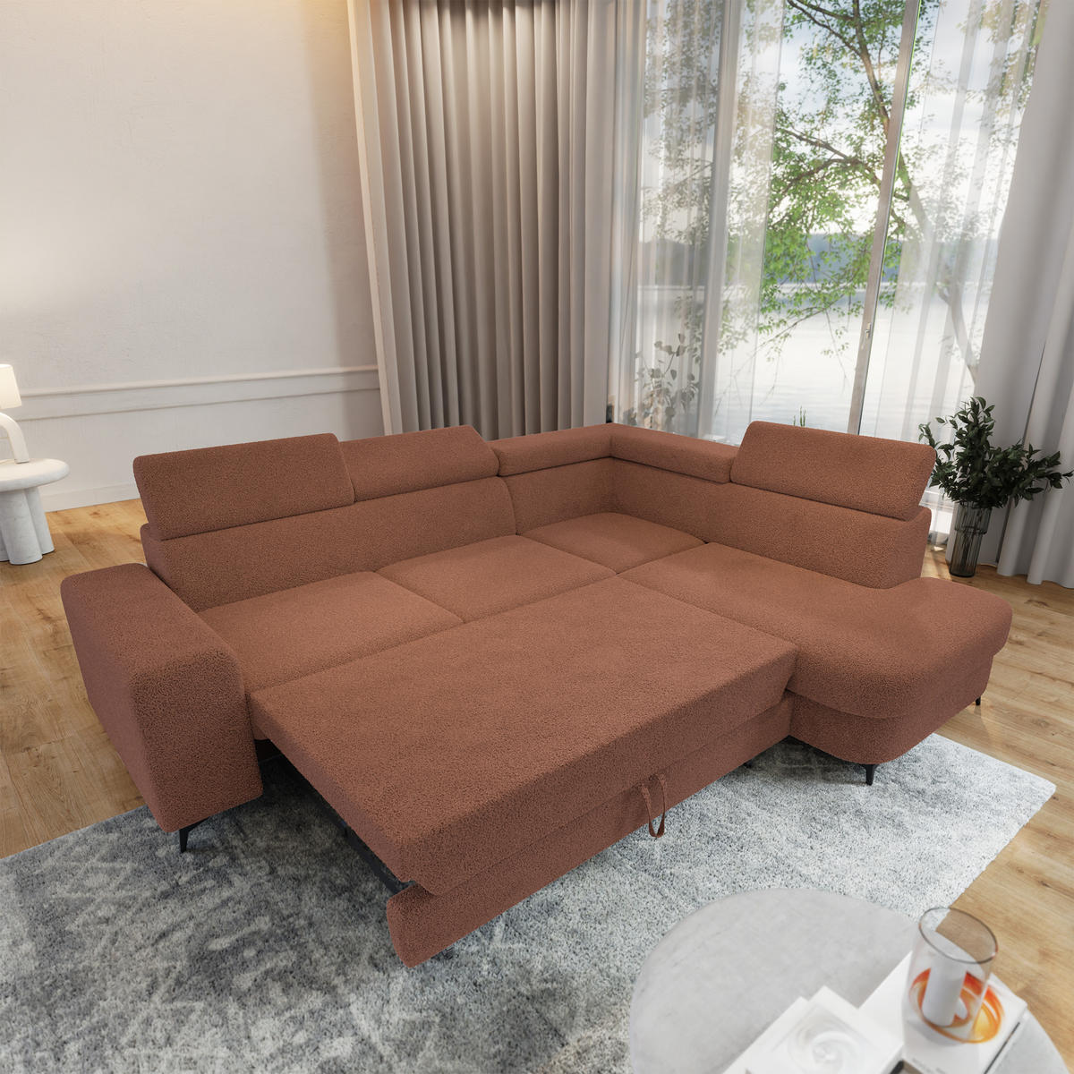 ECKSOFA ALVORO R-S Kupferfarben Boucle-Stoff mit Schlaffunktion - Kupferfarben, Holz (253/190cm) - MASSENO