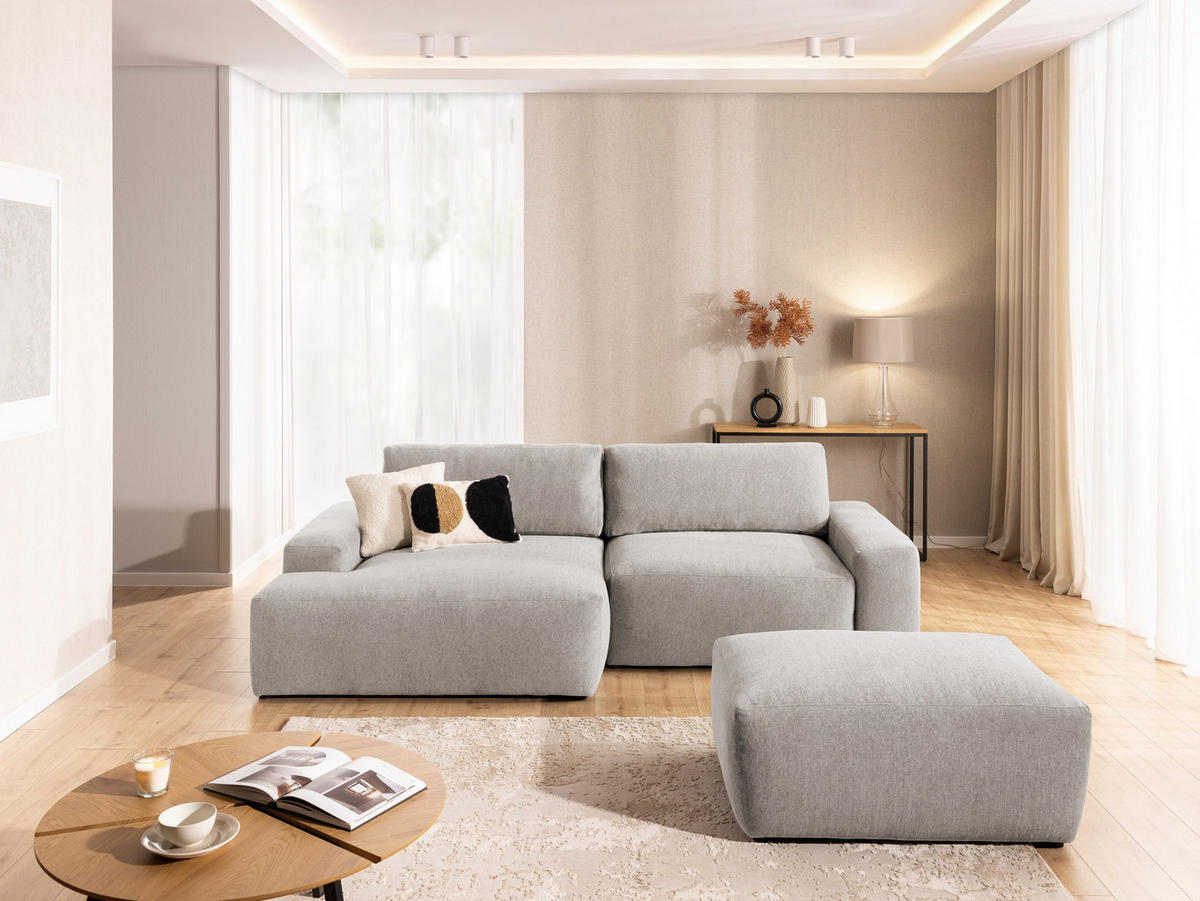 ECKSOFA inkl. Hocker Lennon aus Beige Strukturstoff mit Schlaffunktion und Bettkasten - Beige/Schwarz, Holz/Kunststoff (137/264cm) - S-Style