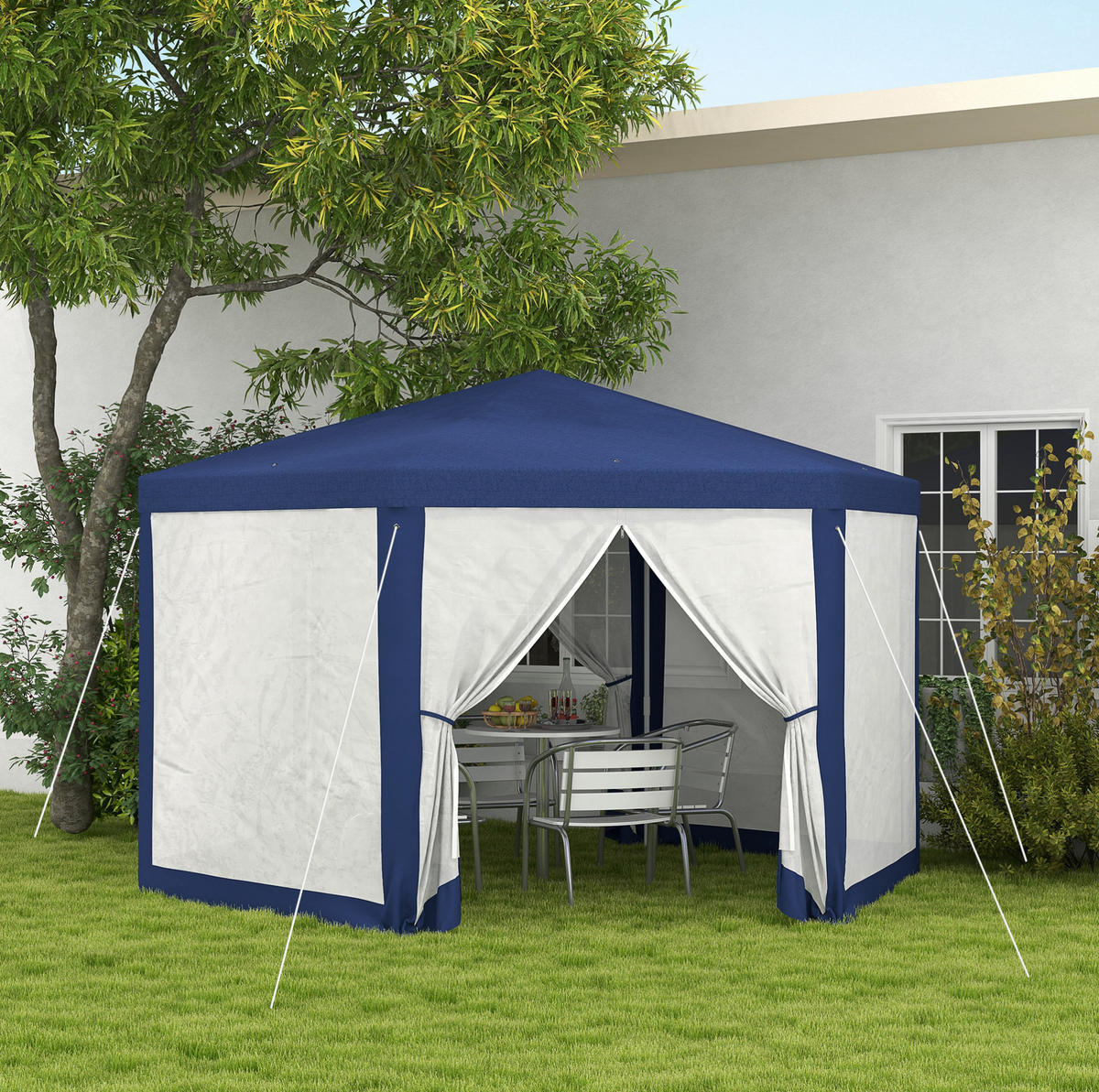 PAVILLONS aus Polyester 394x341,2x250 cm in Blau mit Netzvorhängen - Blau, Textil (341.2/250/394cm) - Modfu