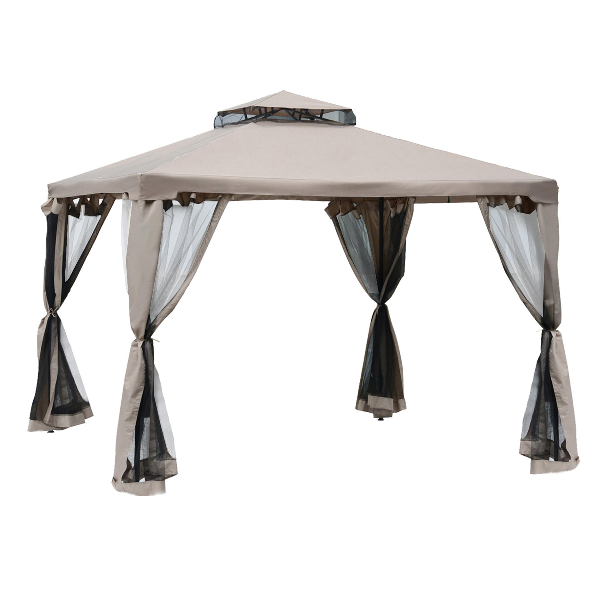 PAVILLON 294/294/265 cm mit Netz-Seitenwänden und Doppeldach, wetterbeständig, Grau - Grau, Textil (294/265/294cm) - Redom