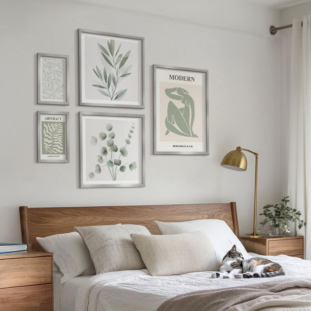 WANDBILDER 5er Set - 50x50 cm & 20x30 cm & 40x60 cm Silberner Rahmen - Matisse entwirft Boho-Pflanzen - Silberfarben, Kunststoff (40/60cm) - ArtPrintCave