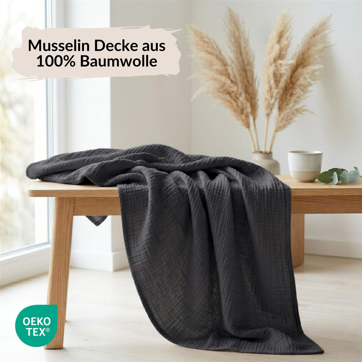 WOHNDECKE Musselin 150 x 200 cm, Leichte Kuscheldecke aus 100% Baumwolle - Nutzbar als Tagesdecke, Plaid oder Decke für Sofa, Couch & Bett - Anthrazit - Anthrazit, Textil (150/200cm) - Carpe Sonno