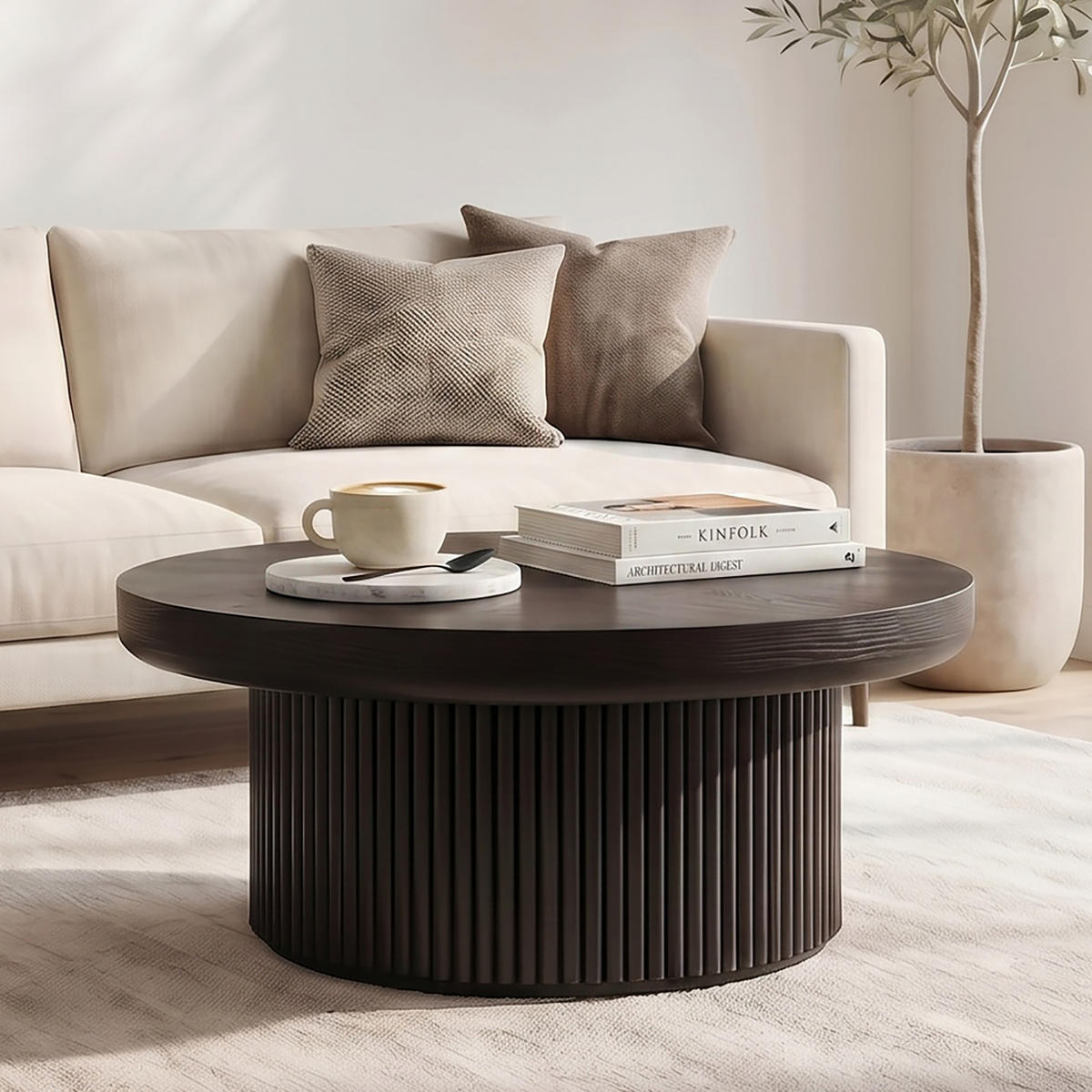 COUCHTISCH aus Holzwerkstoff 78x78x38 cm und Massivholz Schwarz mit geriffeltem Rundfuß - Schwarz, Holzwerkstoff (78/78/38.5cm) - IVMEU