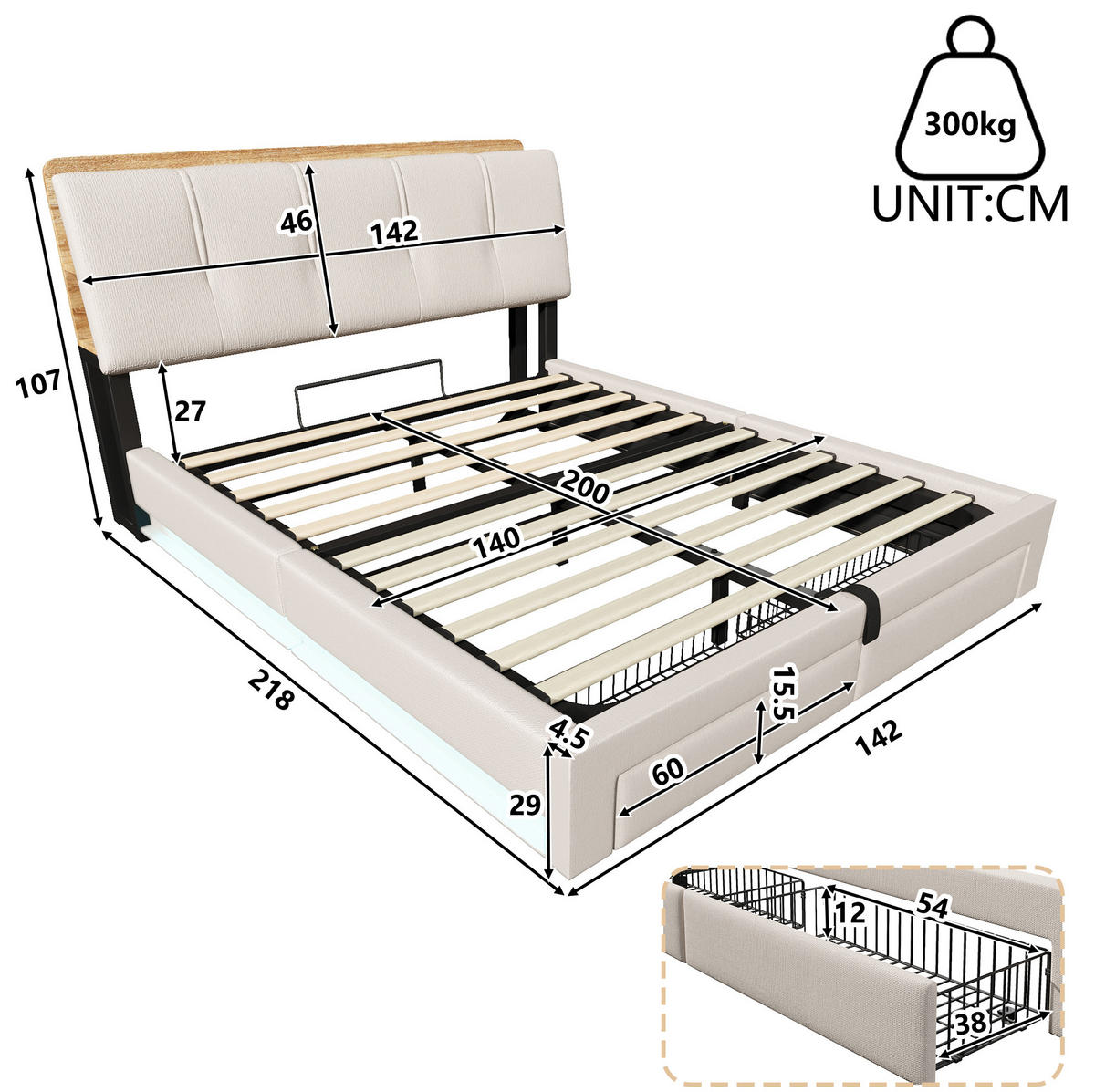 POLSTERBETT 140/200 cm mit LED-Beleuchtung, USB- und USB-C-Anschluss, hydraulischem Bettkasten und Schubladen, Beige - Beige, Textil (140/200cm) - Redom
