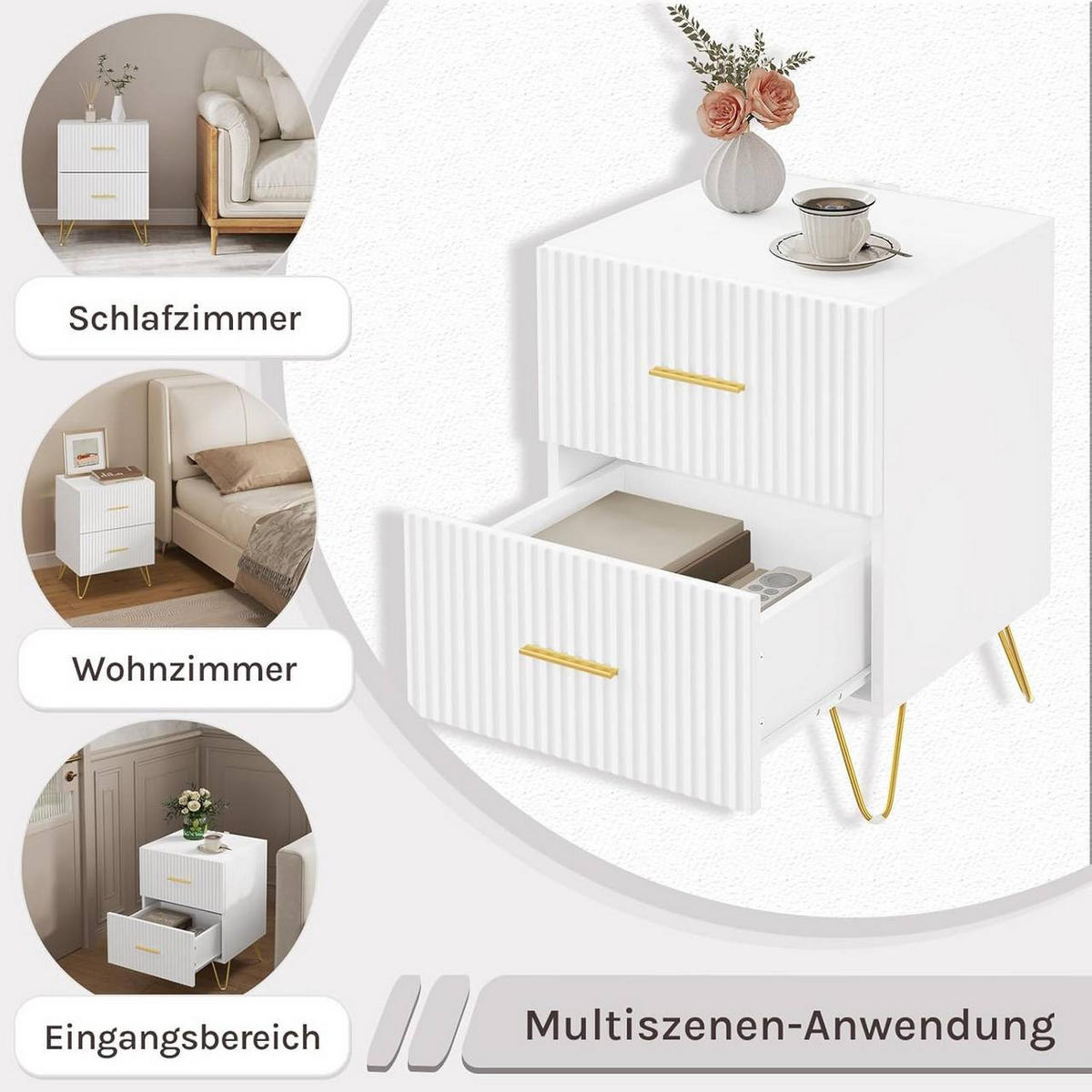 NACHTTISCH 2er Set, mit vertikalen Linien, Weiß+Golden - Goldfarben/Weiß, Holzwerkstoff/Metall (40/53/35cm) - Woltu
