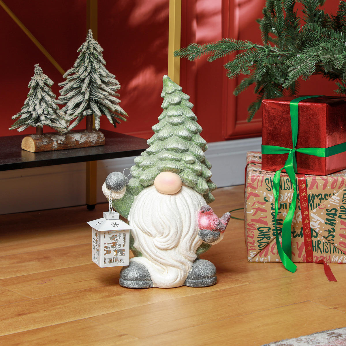 WEIHNACHTSDEKO Figur 42 cm Weihnachtsmann mit Weihnachtsbaum-Mütze und Laterne - Weiß/Grün, Metall (21/42/28cm) - HOMCOM