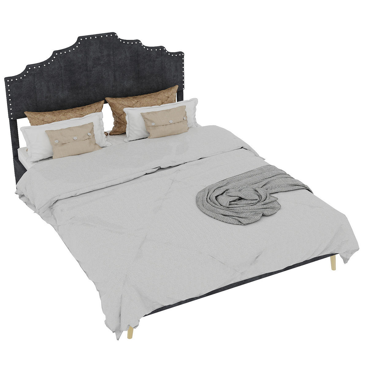 POLSTERBETT 160/200 cm grau aus Stoff und Metall mit gepolstertem Kopfteil - Grau, Textil (160/200cm) - OKWISH