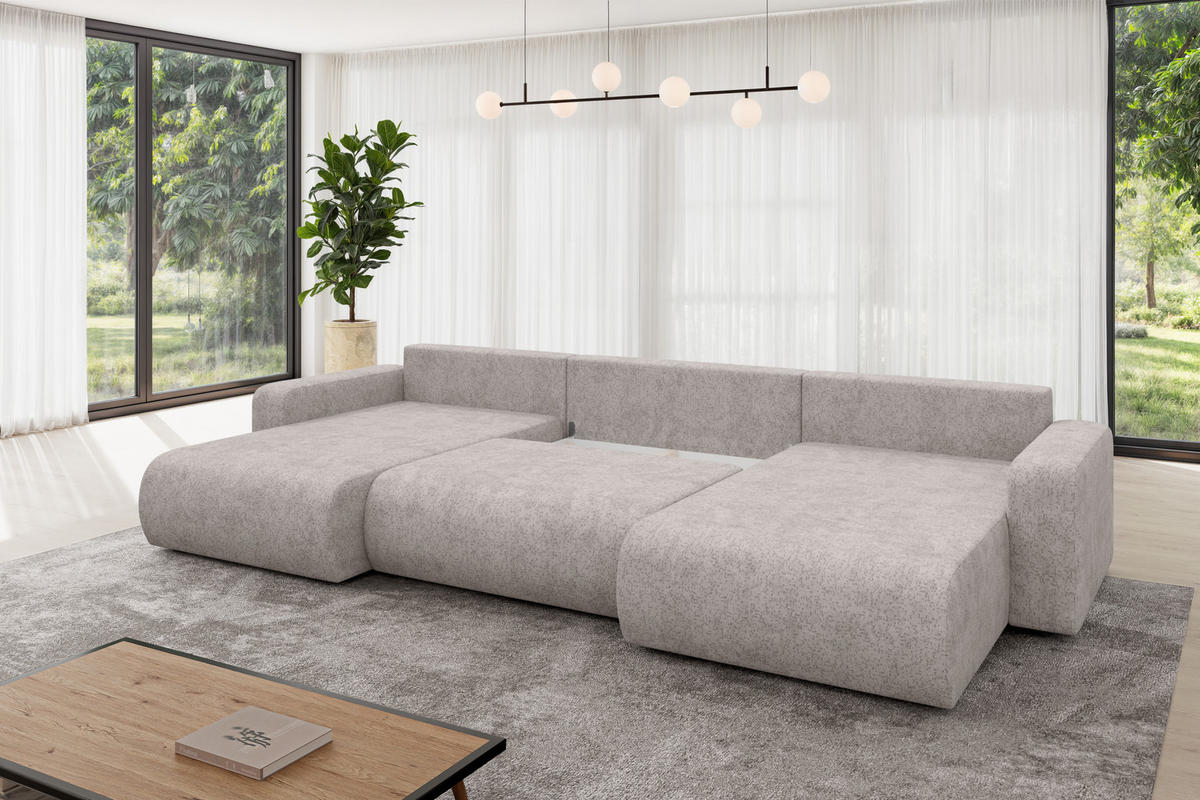 SEDACÍ SOUPRAVA DO U s funkcí spaní a úložným prostorem BERY-U 377x193x88 světle šedá velur - černá/světle šedá, kompozitní dřevo/textil (377/88/193cm) - ALTDECOR