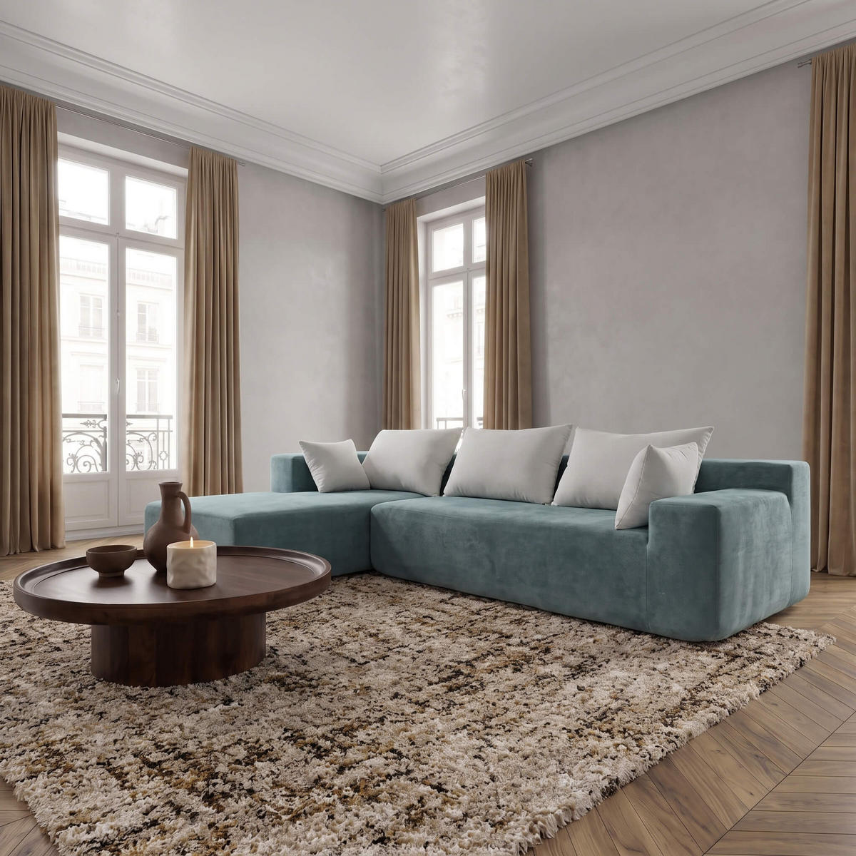 ECKSOFA Luna Salbei Weiß 3-Sitzer Links - Salbeigrün, Textil (267/175cm) - COCO Living