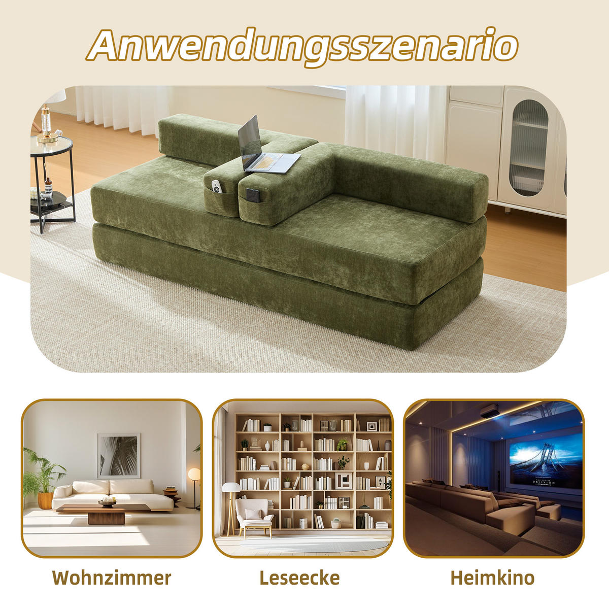 SCHLAFSOFA 198/79/60 cm Grün mit Aufbewahrungstaschen - Grün, Textil (198/60/79cm) - Oxeza