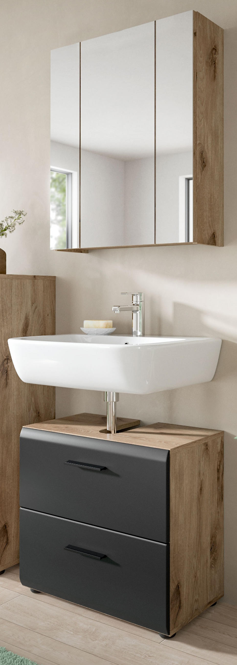 BADMÖBEL-SET 2-teilig schwarz matt und Eiche, Badezimmer mit Spiegelschrank, Vollauszug, Breite 60 cm - Eichefarben/Schwarz, Glas/Holzwerkstoff (60/185/30cm) - Inn.Furn