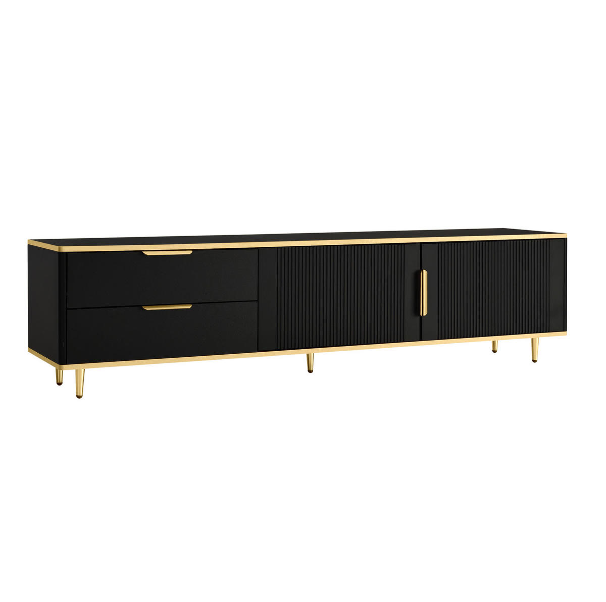 TV-LOWBOARD aus MDF und Spanplatte 170x45x37 cm Schwarz-Gold mit 2 Schubladen und 2 Türen, geschnitzte Front - Schwarz, Holzwerkstoff (175/45/40cm) - Modfu
