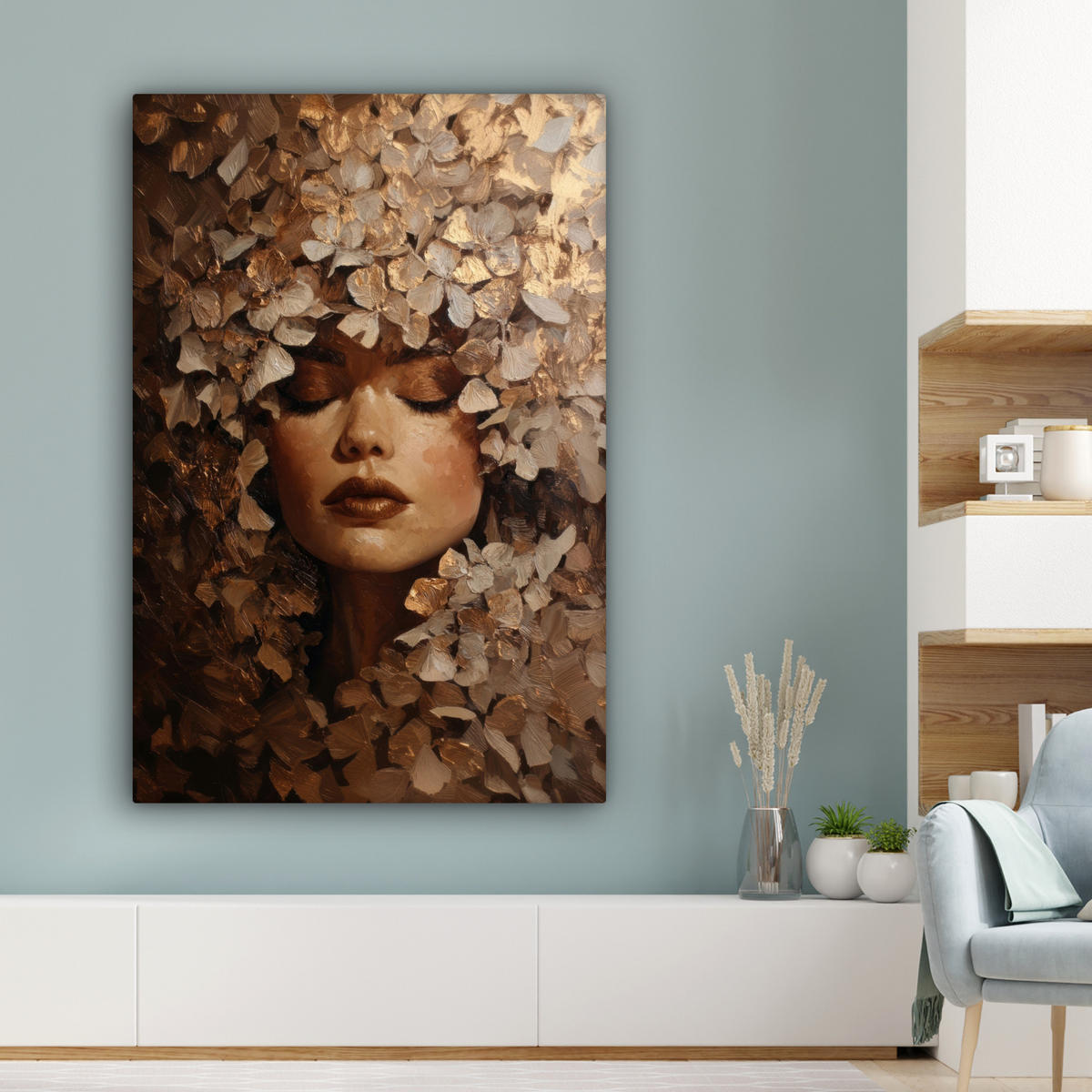 LEINWANDBILD Gesicht - Dame - Blätter - Pinselstriche Deko Groß 90x140 cm - Goldfarben, Textil (90/140cm) - MuchoWow