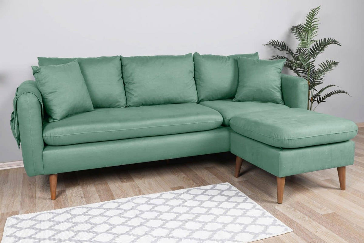 ECKSOFA kompakt, Gesamtbreite 215 cm, perfekt für kleine Räume - Nussbaumfarben/Grün, Holz/Textil (145/215cm) - myHomelando