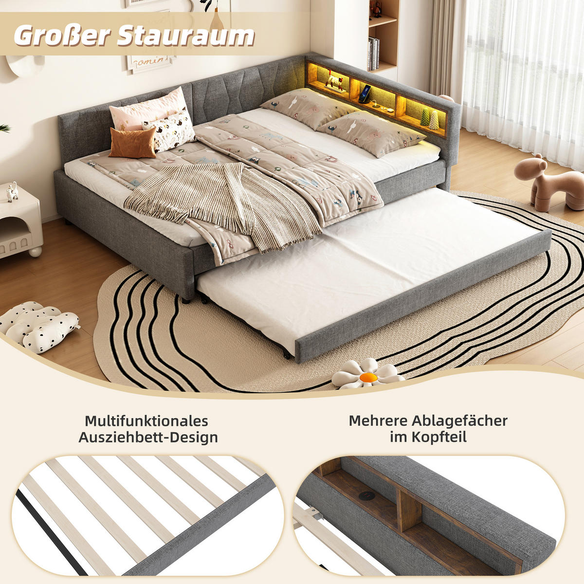 TAGEBETT 140x200cm Grau Leinen USB-C LED-Licht Ausziehbett - Grau, Holz (140/200cm) - FLIEKS