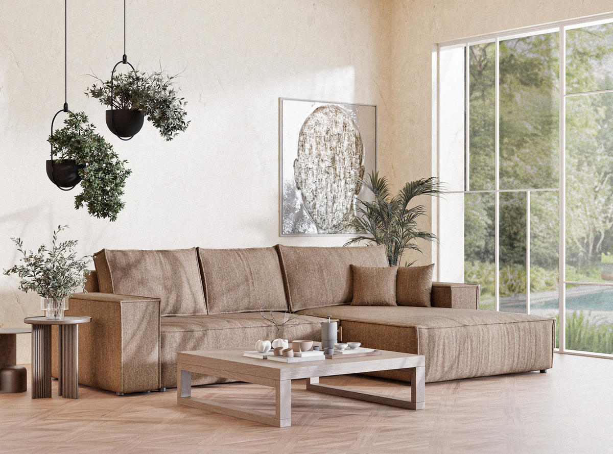 ECKSOFA MIT SCHLAFFUNKTION Maze Hellbraun Webstoff - Hellbraun/Schwarz, Holz/Holzwerkstoff (294/185cm) - Maison de Reve