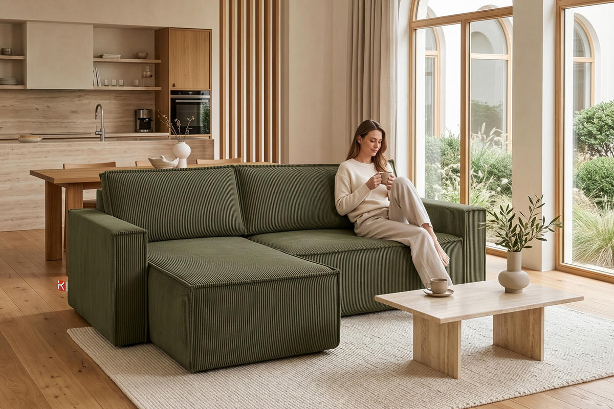 ECKSOFA-LINKS/RECHTS NAPI Schlaffunktion mit Cordbezug, grün - Schwarz/Olivgrün, Textil (246/148cm) - KONSIMO®