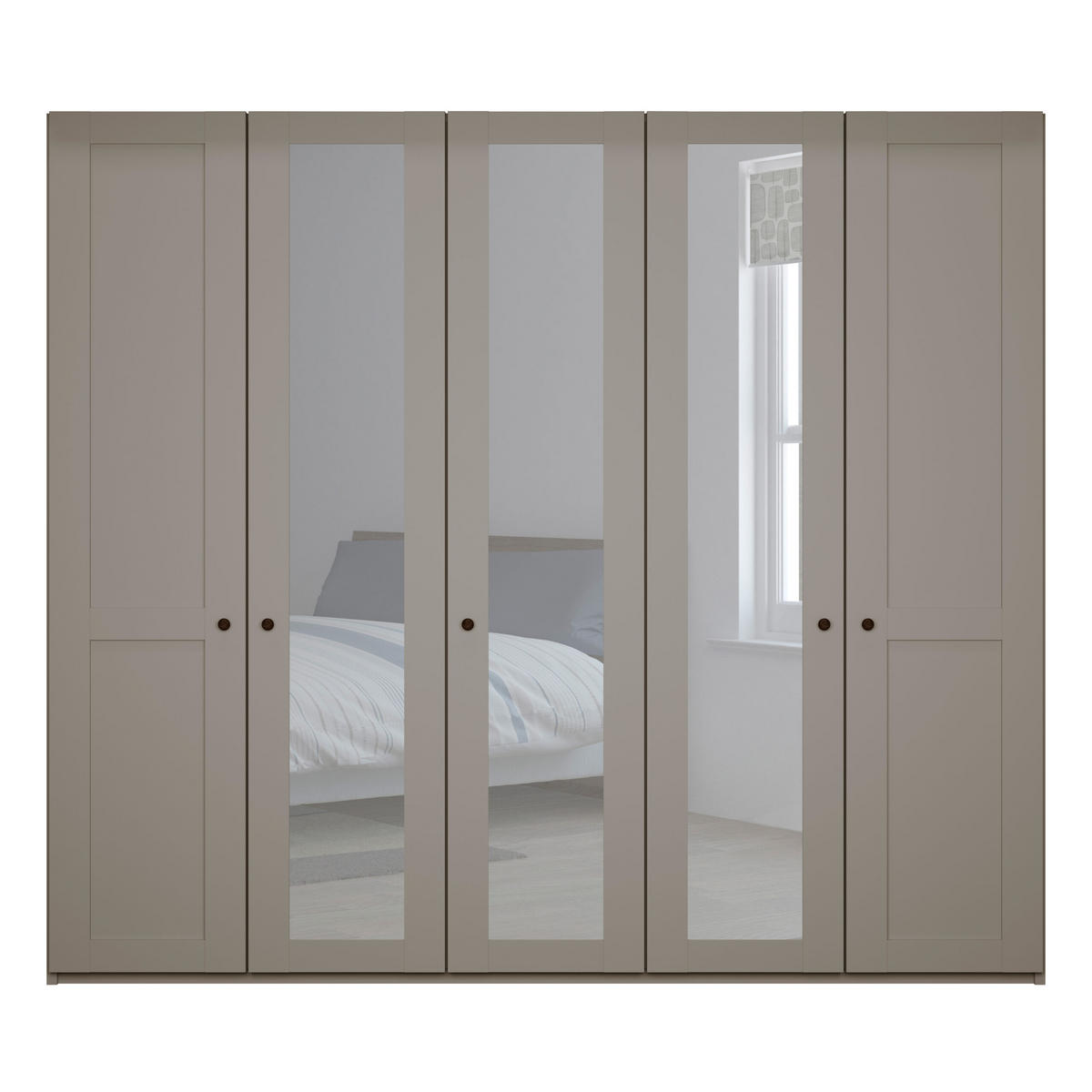 SCHLAFZIMMER Greenholm in Kieselgrau 4 teilig mit Kleiderschrank 250cm Breite mit Spiegel, Doppelbett 180x200cm, zwei Nachttisch - Grau, Holzwerkstoff (80/200/120cm)