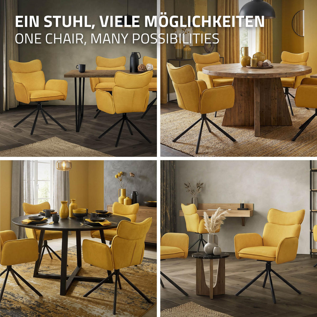JÍDELNÍ ŽIDLE, sada 6 ks, otočné, hořčičná, s látkovým potahem - černá/žlutá, kov/textil (63/89/68cm) - ML-DESIGN
