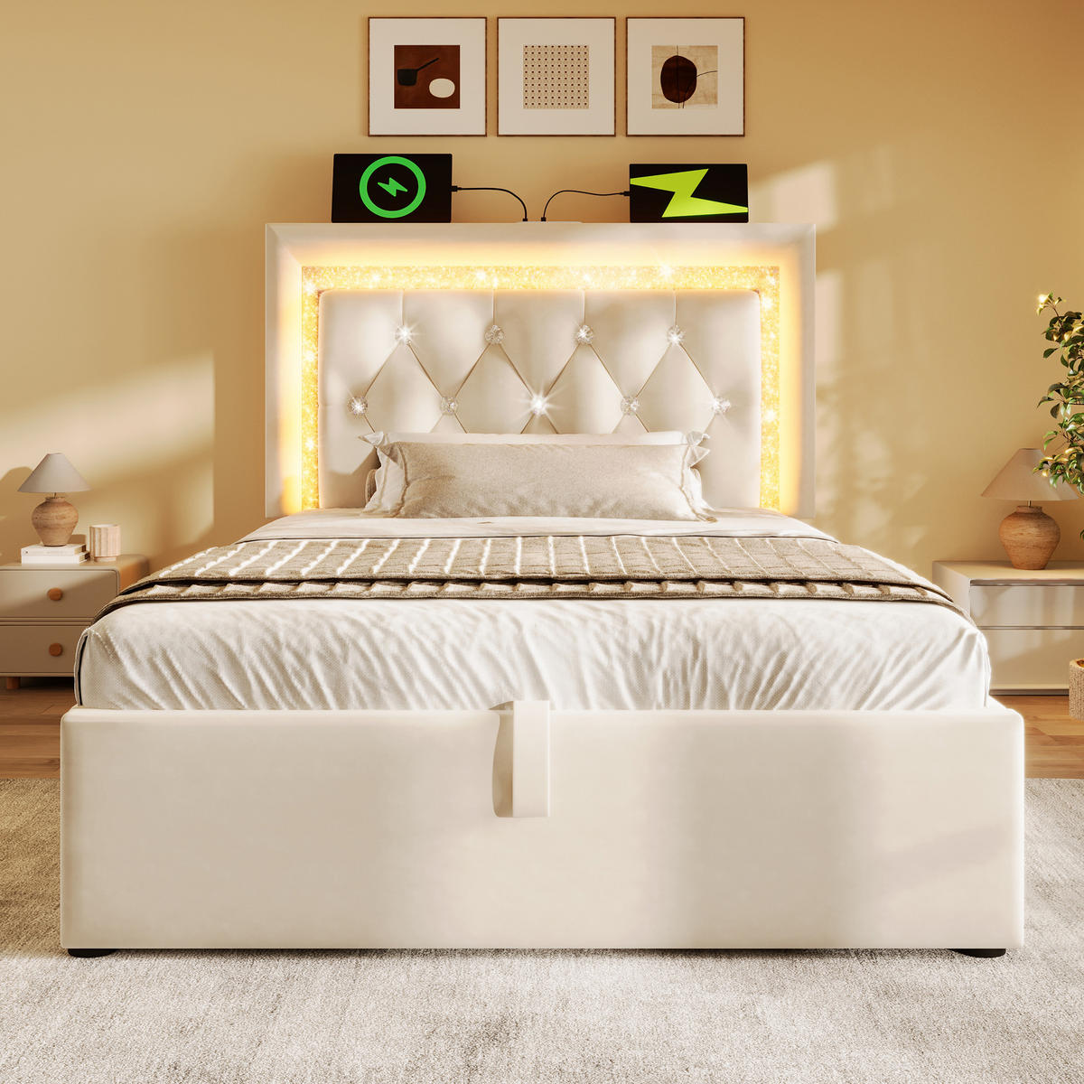 POLSTERBETT 90/200 cm Beige aus Samt mit Stauraum und LED-Beleuchtung mit Matratze - Beige, Textil (90/200cm) - OKWISH