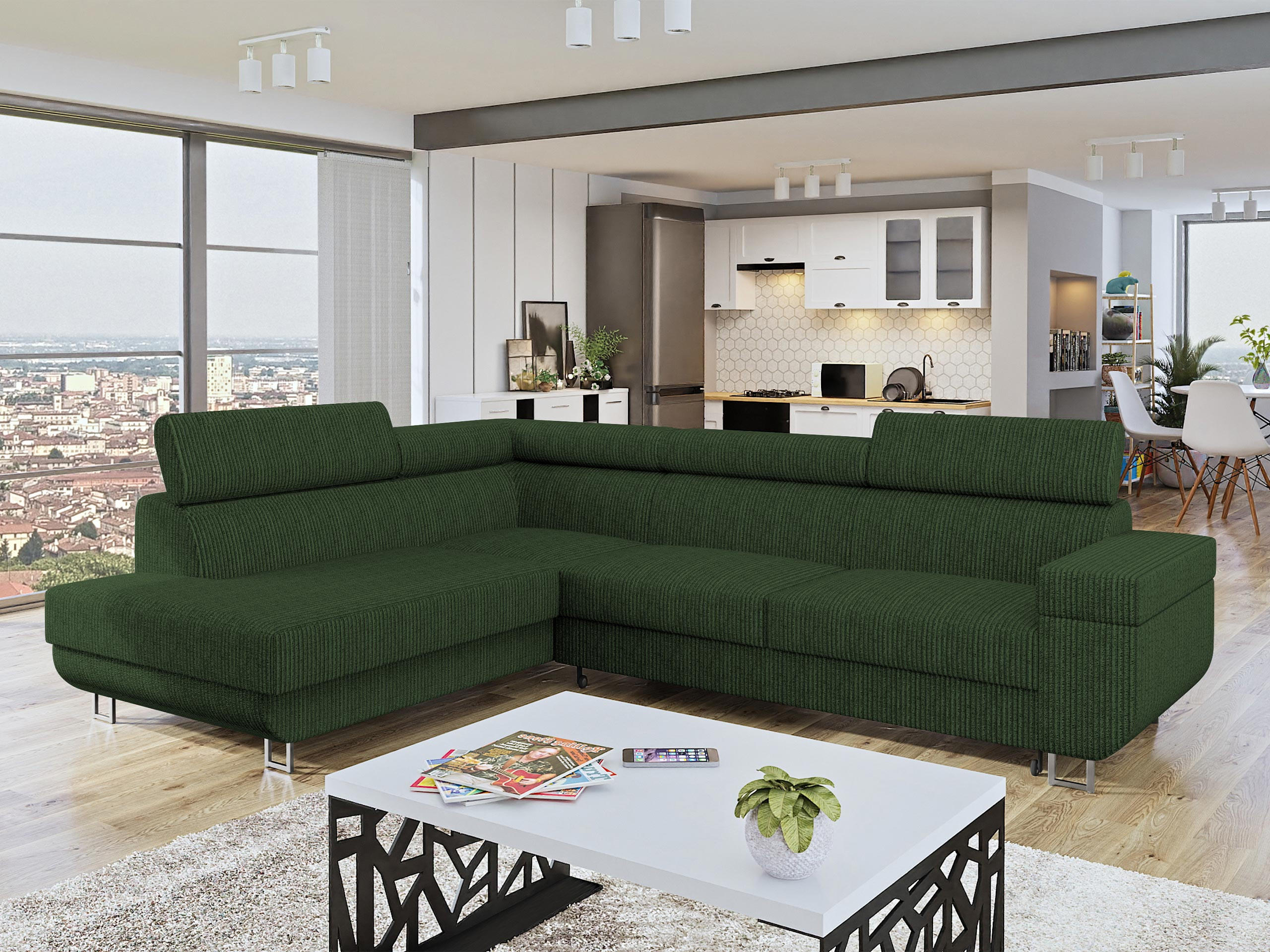 ECKSOFA Fonti Cord, Seite: Links - Grün, Holz/Textil (253/188cm) - MIRJAN24