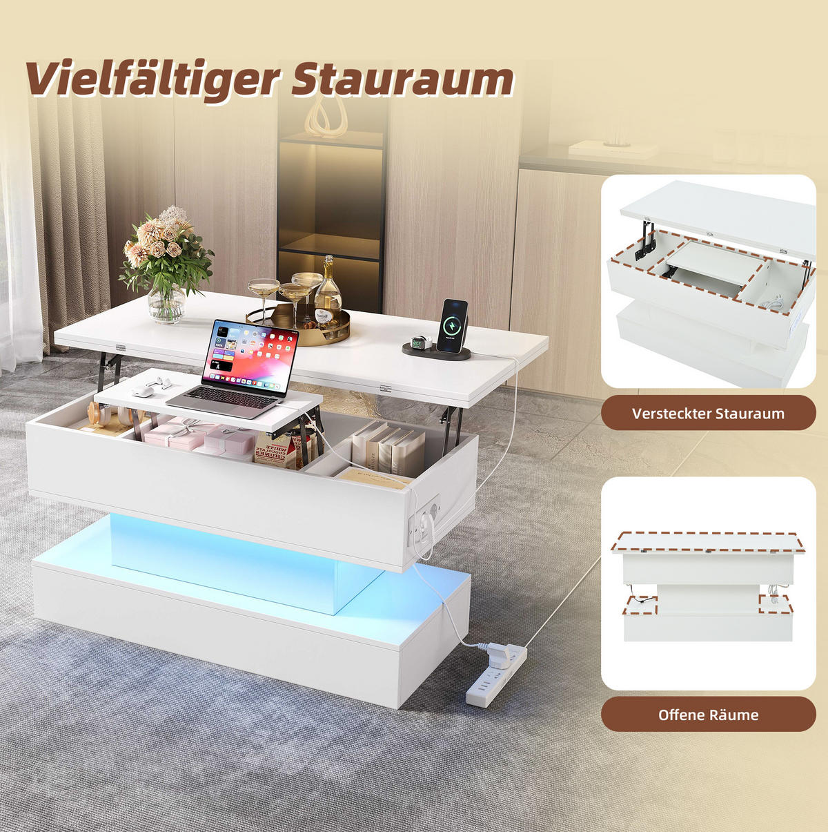 COUCHTISCH aus Spanplatte 100x50x51,5 cm Weiß mit höhenverstellbarer Tischplatte, Stauraum und LED - Weiß, Holzwerkstoff (100/50/51.5cm) - IVMEU