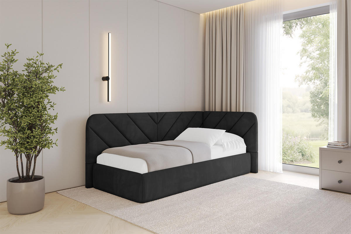 EINZELLBETT Jugendbett mit Bettkasten und Matratze H3/H4, Links - FIKY 90x200 Schwarz - Schwarz, Holzwerkstoff/Textil (90/200cm) - ALTDECOR