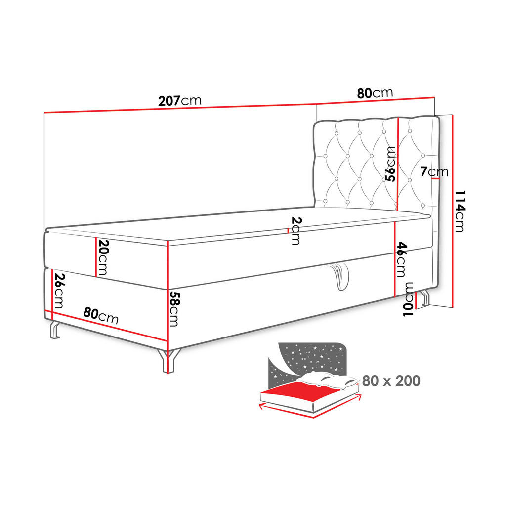 Thumbnail - Mirjan24 Boxbett, Grau, Textil, Kiefer, H3, Rechteckig, 80x200 cm, Schlafzimmer, Betten, Boxspringbetten