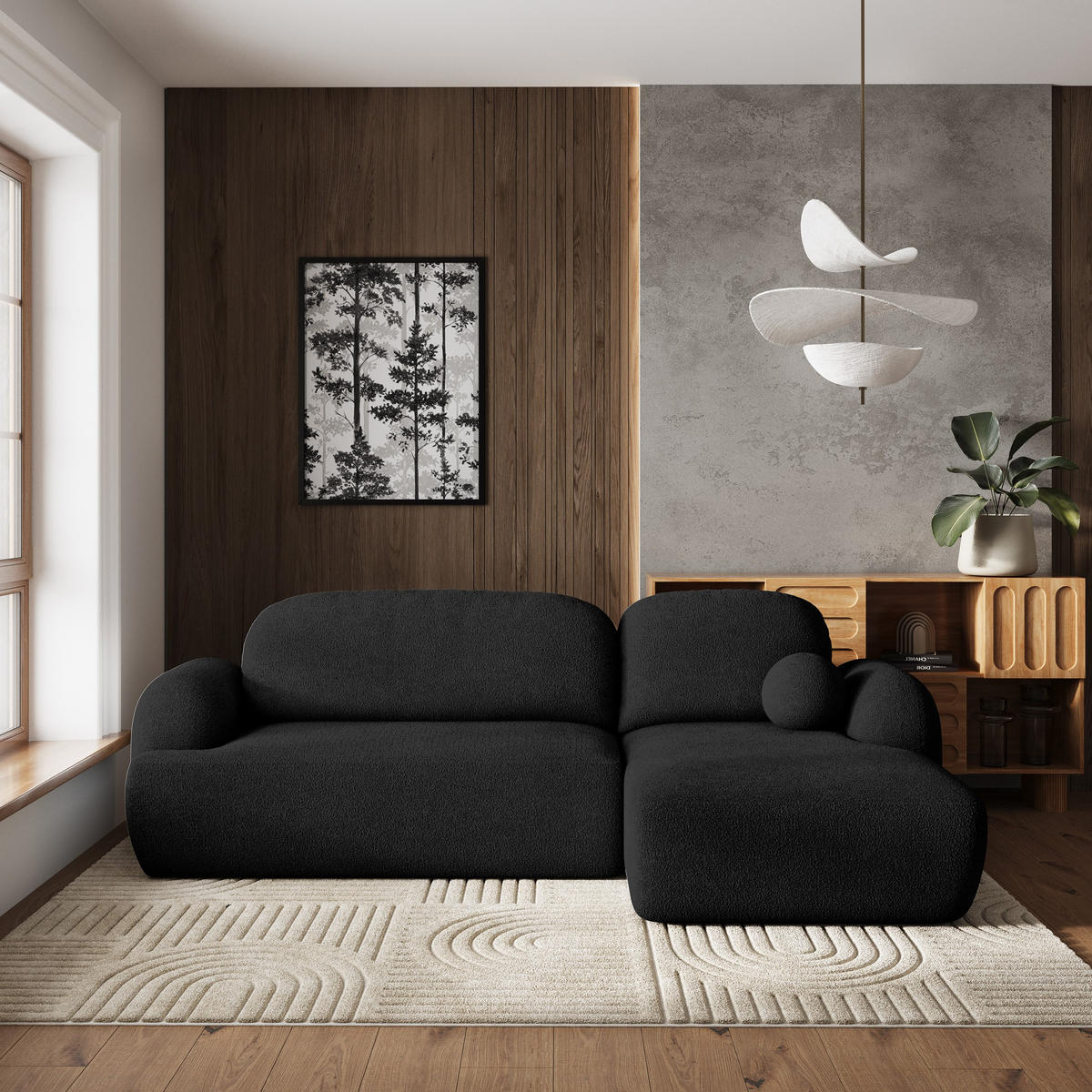 ECKSOFA MODENZA N R-S Schwarz Boucle-Stoff mit Schlaffunktion - Schwarz, Holz/Kunststoff (266/148cm) - MASSENO