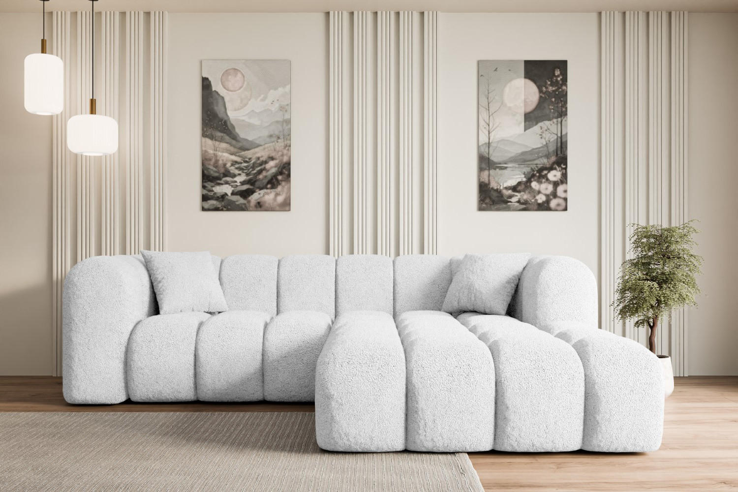 ECKSOFA Ottomane Rechts OLEA-L1 - 231x173x74 cm Weiß Bouclé - Schwarz/Weiß, Holzwerkstoff/Kunststoff (231/173cm) - ALTDECOR