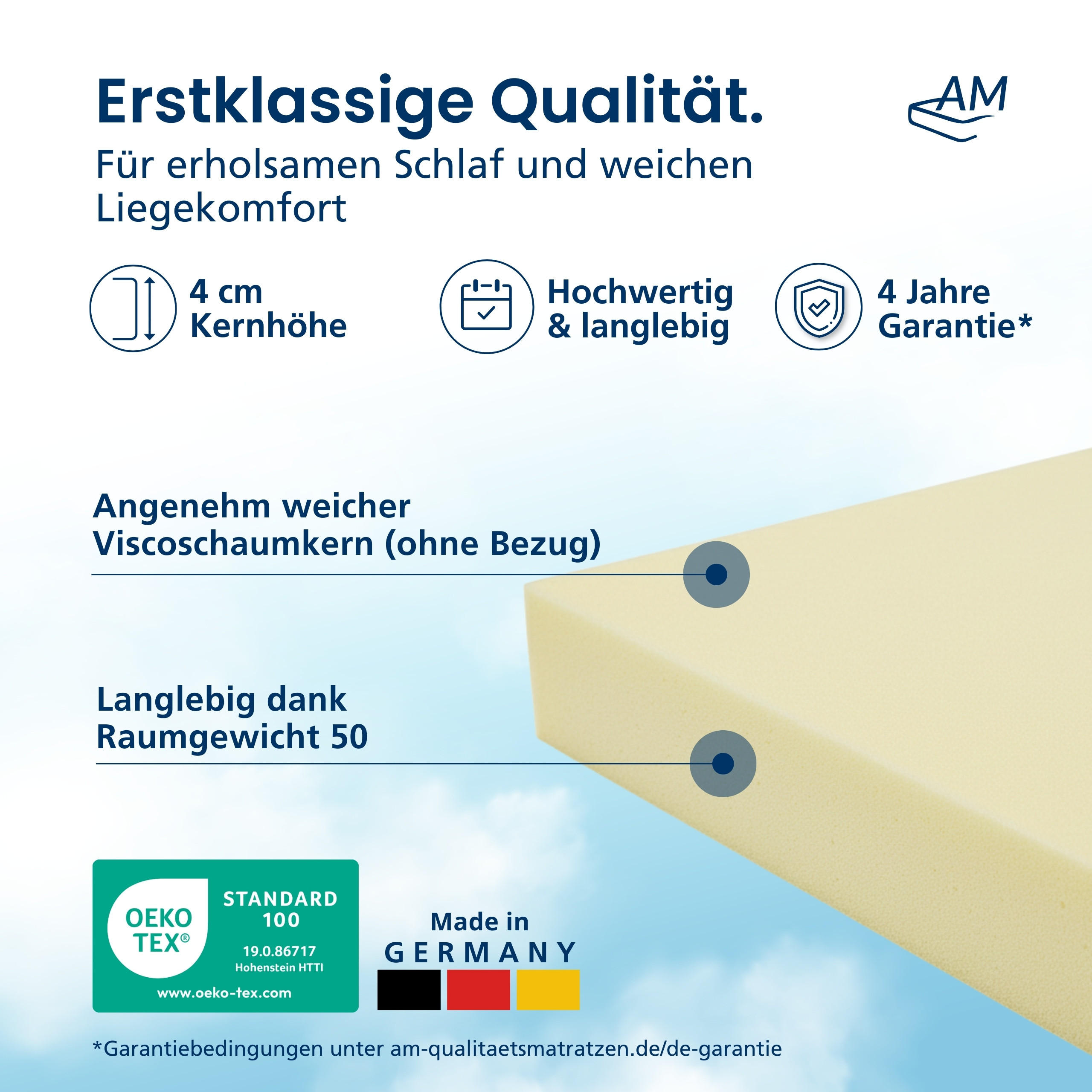 Thumbnail - AM Qualitätsmatratzen Visco, Gelb, Textil, Uni, Rechteckig, 90x200 cm, Oeko-Tex® Standard 100, Schlafzimmer