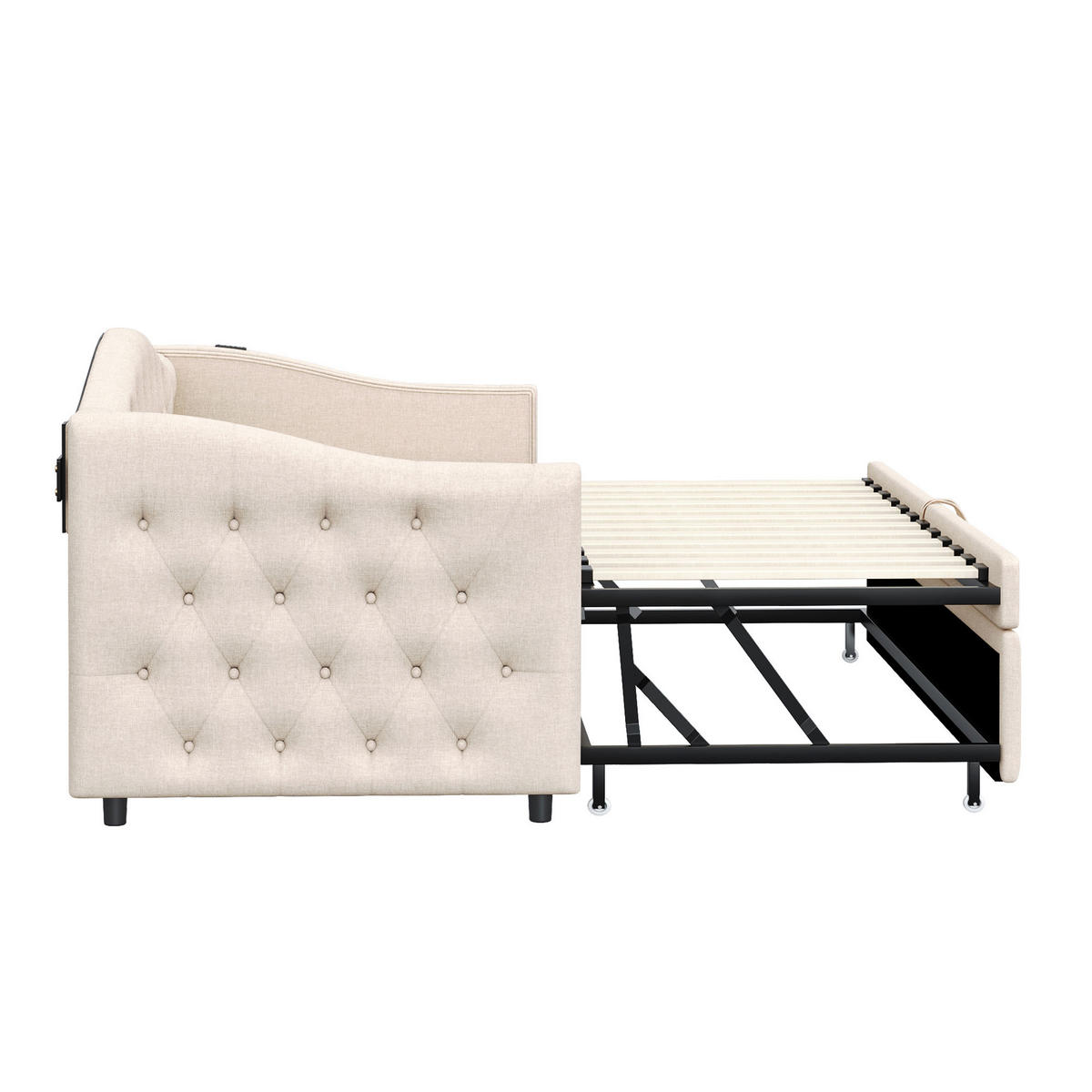 POLSTERBETT 90/200 cm Beige mit USB-Anschluss und Lattenrost - Beige, Textil (90/200cm) - OKWISH