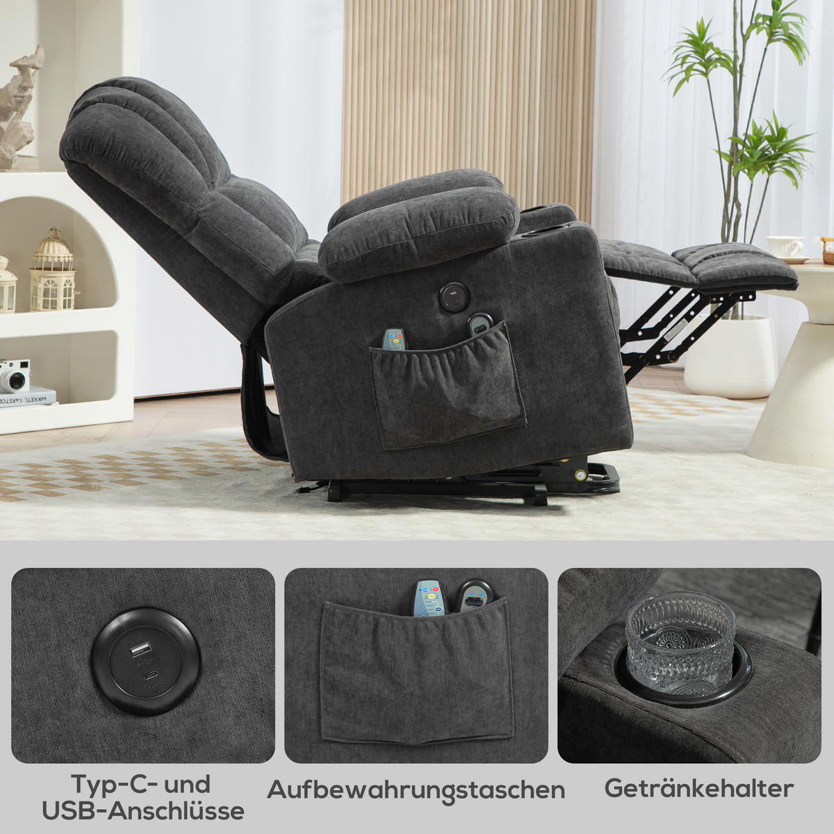 FERNSEHSESSEL mit Aufstehhilfe Relaxsessel mit Liege-, Heiz- und Massagefunktion - Dunkelgrau/Schwarz, Textil/Metall (91/110/93cm) - HOMCOM