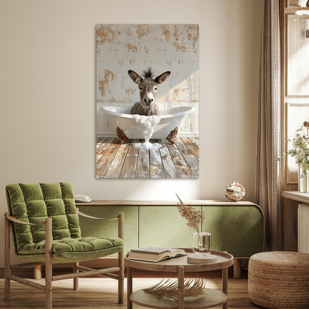 POSTER Esel - Tiere - Badewanne - Schaumstoff 80x120 cm - Weiß, Papier (80/120/0.1cm) - MuchoWow