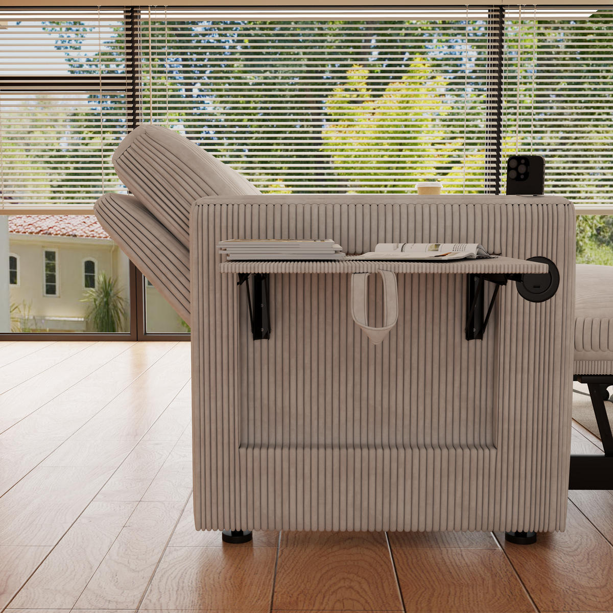 2-SITZER SCHLAFSOFA Cord Weiß mit Bettfunktion - Beige, Textil (145/85.5/132cm) - WISHDOR