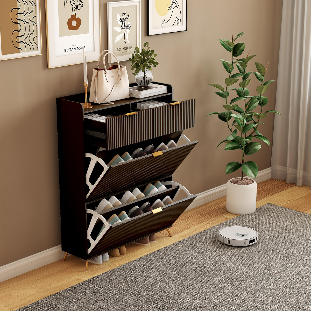 SCHUHSCHRANK 80x24x110 cm Schubladen Trennwände Metallbeine schwarz - Schwarz, Holz (80/110/24cm) - Fortuna Lai